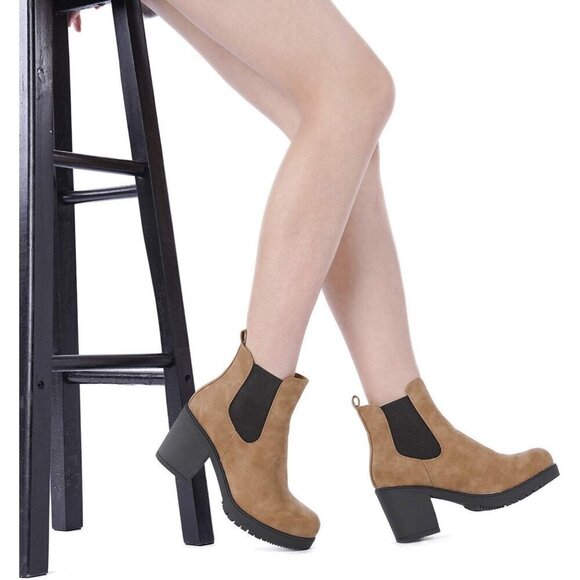 DREAM PAIRS Women's High Chunky Heel Camel Faux Leather Ankle Boots - Picture 8 of 8